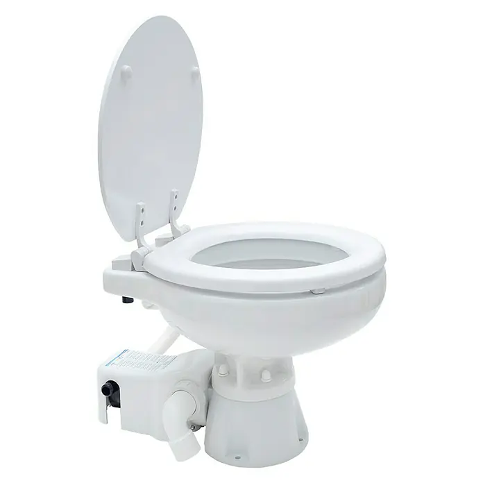 Albin Pump Bordtoilette Standard Electric EVO Kompakt Low 12V - L x B x H: 42,5 x 45 x 31 cm, Keramik - Eine weiße Schiffstoilette mit offenem Deckel und Pumpe für den Wasserkreislauf. Ideal für Boote und Yachten.