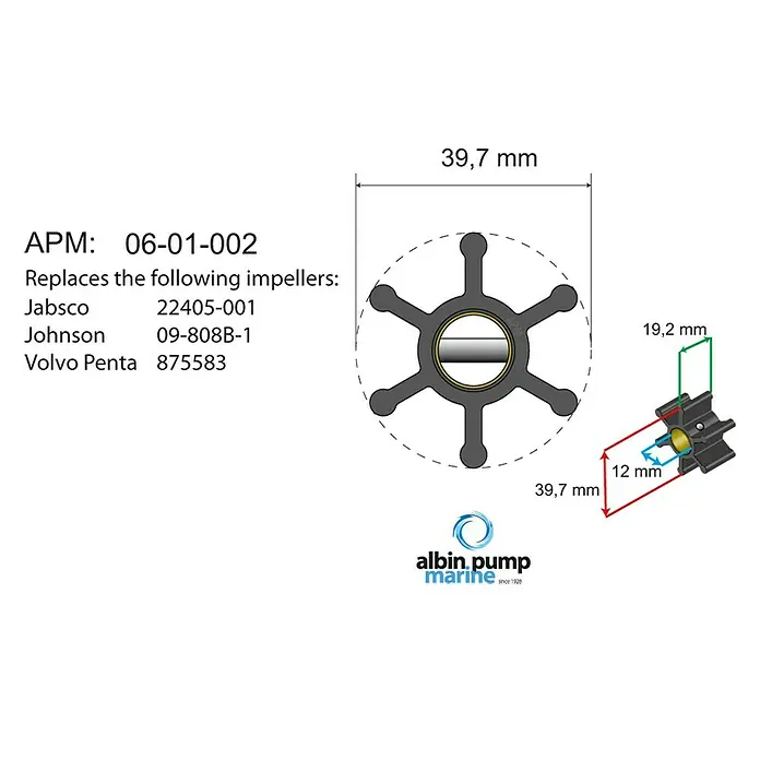Albin Pump Impeller PN 06-01-002 - Ø x L: 39,7 x 19,2 mm, Wellendurchmesser: 12 mm - Abbildung eines APM 06-01-002 Impellers mit den Maßen 39,7 mm Durchmesser und 19,2 mm Höhe, ersetzt Jabsco 22405-001, Johnson 09-808B-1 & Volvo Penta 875583.