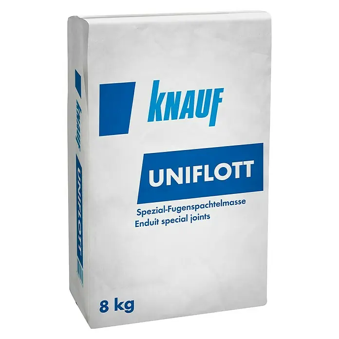 Knauf Fugenspachtel Uniflott - 8 kg - Ein Sack Knauf Uniflott Spezial-Fugenspachtelmasse, ideal für spezielle Fugenarbeiten. Gewicht: 8 kg.