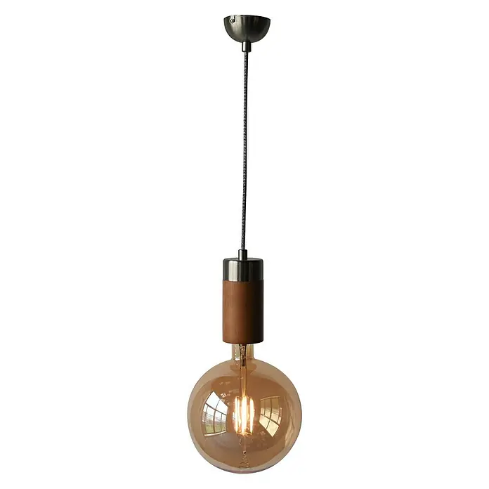 Pendelleuchte Wood - 40 W, Braun - Elegante Hängelampe mit einer runden Glühbirne, einem Holzdetail und einer Metalleinfassung, die ein warmes und stilvolles Ambiente schafft.