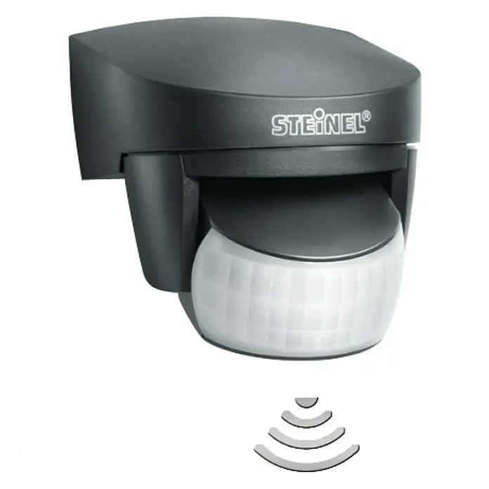 Steinel Bewegungsmelder IS 140-2 schwarz - Reichweite Sensor: 14 m, Schwarz, Erfassungswinkel Sensor: 140 °, L x B x H: 99 x 86 x 82 mm - Bild eines schwarzen Steinel-Bewegungsmelders für den Außenbereich mit weißem Sensor.