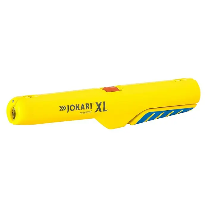 Jokari Kabelentmanteler Rundkabelentmanteler XL - Titan-Nitrid-Beschichtung, Gelb - Ein gelber Jokari XL Original Kabelabisolierer mit blau-gelben Griff und rotem Knopf. Werkzeug für Elektriker.