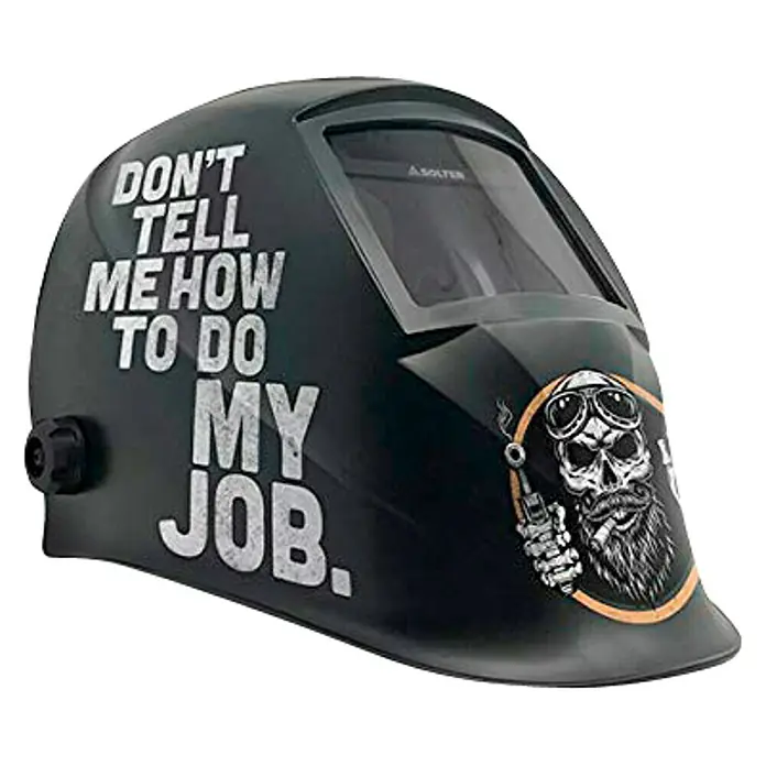 Solter Casco de soldadura Hellmet Job - Sensibilidad ajustable - Casco de soldadura con gráfico y cita divertida. El casco protege durante la soldadura y muestra una cita humorística.