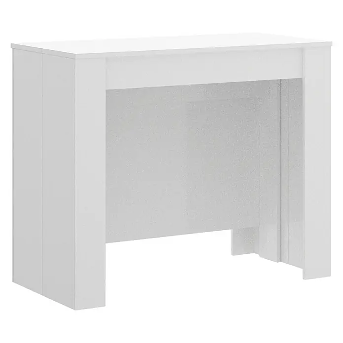 Dekit Mesa de comedor Kiona - L x An x Al: 90 x 239 x 77 cm, Blanco, Extensible - Primer plano de una moderna mesa consola blanca que presenta líneas limpias y un diseño minimalista, perfecta para cualquier espacio habitable.