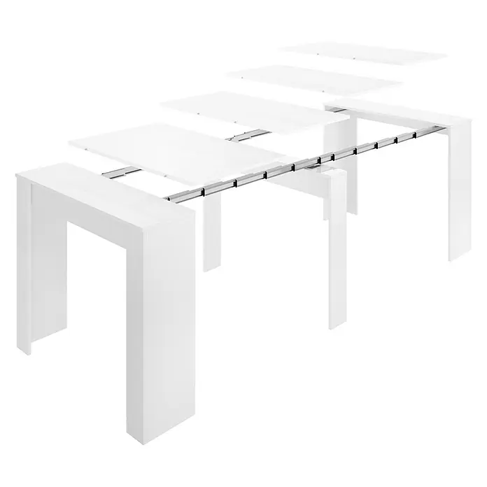 Dekit Mesa de comedor Kiona - L x An x Al: 90 x 239 x 77 cm, Blanco, Extensible - La imagen muestra una mesa de comedor extensible blanca, con varias extensiones suspendidas sobre el marco, ofreciendo flexibilidad y estilo.