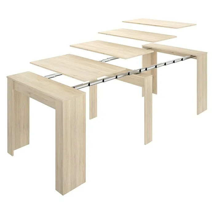 Dekit Mesa de comedor Kiona - L x An x Al: 90 x 239 x 77 cm, Natural, Extensible - Mesa de comedor extensible con estructura de madera. La mesa está parcialmente extendida, mostrando los elementos individuales.