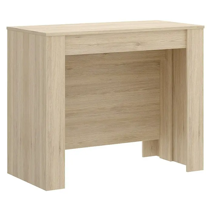 Dekit Mesa de comedor Kiona - L x An x Al: 90 x 239 x 77 cm, Natural, Extensible - La imagen muestra una elegante mesa consola con acabado de madera clara, que combina funcionalidad y diseño moderno. Ideal para recibidores o salones.