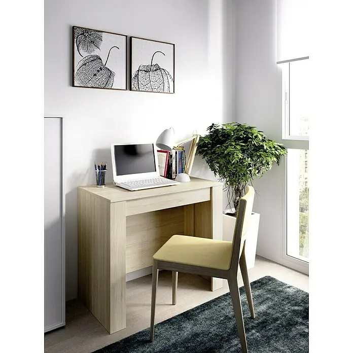 Dekit Mesa de comedor Kiona - L x An x Al: 90 x 239 x 77 cm, Natural, Extensible - Espacio de trabajo luminoso con un escritorio de madera clara con un portátil y una silla amarilla clara, completado con obras de arte decorativas y una planta.