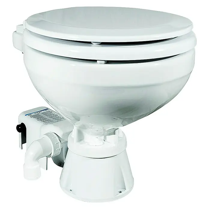 Albin Pump Bordtoilette Standard Electric EVO Kompakt Low 12V - L x B x H: 42 x 33,5 x 39 cm, Keramik - Eine weiße, geschlossene Marine-Toilette mit Pumpe und Schüssel, ideal für Boote und Yachten, bietet Komfort und Hygiene auf See.