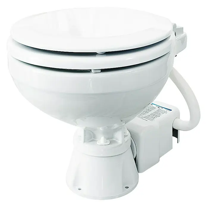 Albin Pump Bordtoilette Standard Electric EVO Kompakt Low 12V - L x B x H: 42 x 33,5 x 39 cm, Keramik - Eine weiße Marine-Toilette mit Deckel und seitlich angebrachter Pumpe, ideal für Boote und kleine Räume.