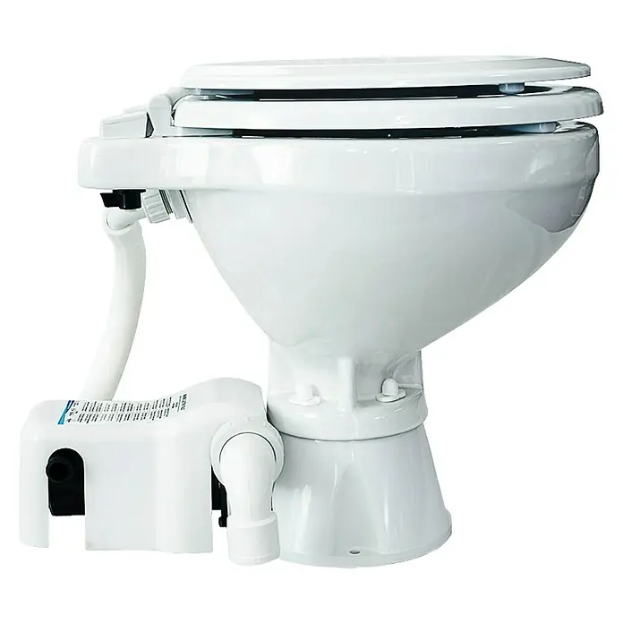Albin Pump Bordtoilette Standard Electric EVO Kompakt Low 12V - L x B x H: 42 x 33,5 x 39 cm, Keramik - Bild einer Marine-Toilette, die sich durch ihr weißes Keramikdesign und das elektrische Spülsystem auszeichnet, ideal für Boote und Yachten.