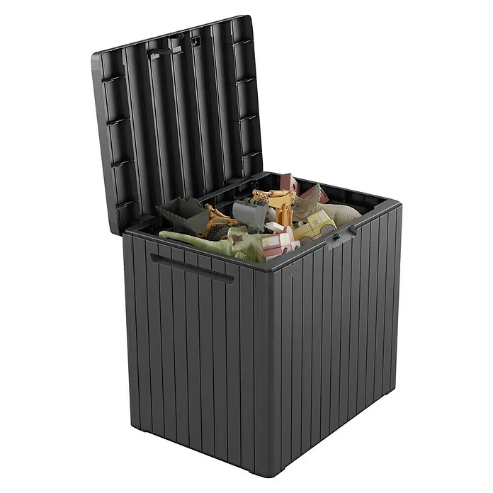Keter Gartenbox City Box - L x B x H: 44 x 57,8 x 55 cm, Kunststoff, Anthrazit - Graue Aufbewahrungsbox mit Spielzeug gefüllt und geöffnetem Deckel. Praktische und robuste Spielzeugkiste für drinnen und draußen.