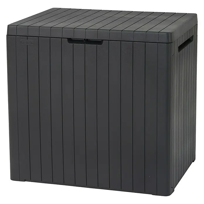 Keter Auflagenbox City Box - 44 x 578 x 55 cm, Kunststoff, Anthrazit - Schwarze Keter Aufbewahrungsbox mit Lattenmuster für den Außenbereich, ideal zur Aufbewahrung von Gartenutensilien und Spielzeug.
