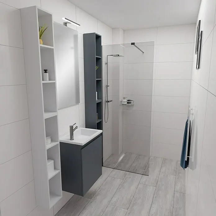 Camargue Espacio Badmöbel-Set H54 - 90 cm, Gama anthrazit matt - Badezimmer-Szene mit modernem Waschtisch, Hochschrank und einer begehbaren Dusche, die ein stilvolles und funktionales Design zeigt.
