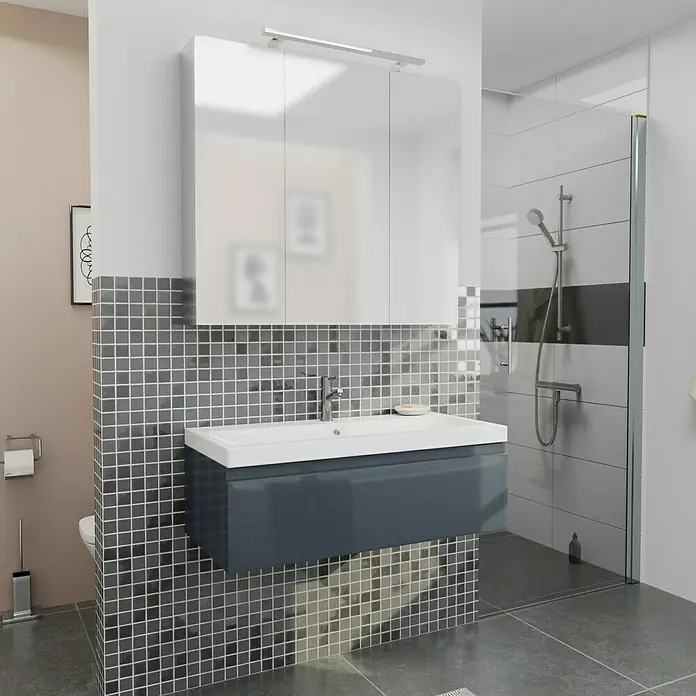 Camargue Espacio Badmöbel-Set i45 - 100 cm, Gama anthrazit glänzend - Badezimmerwaschtisch mit Waschbecken und Spiegel mit integrierter Beleuchtung, moderne Badezimmerausstattung für ein stilvolles Ambiente.