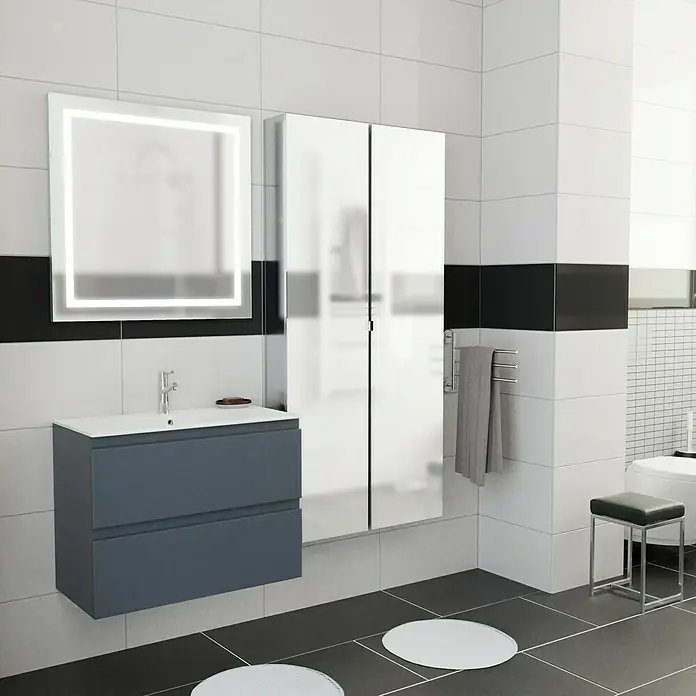 Camargue Espacio Waschtischunterschrank - 80 x 40 x 60 cm, 2 Schubkästen, Gama anthrazit matt - Modernes Badezimmer mit blauem Waschtischunterschrank, Spiegelschrank und LED-Spiegel. Elegantes Design für stilvolle Badezimmergestaltung.