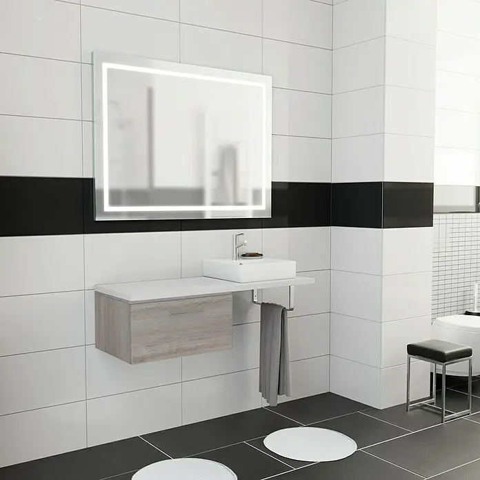 Camargue Espacio Badmöbel-Set K27 - 120 cm, Faro - Moderne Badezimmerkonsole mit Waschbecken, beleuchtetem Spiegel und Handtuchhalter in stilvollem Design für ein elegantes Badezimmer.