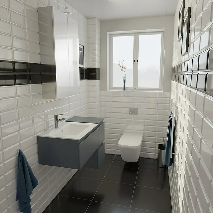 Camargue Espacio Badmöbel-Set H34 - 90 cm, Gama anthrazit matt - Modernes Badezimmer mit weißen Fliesen, dunklem Boden, Waschtisch und Toilette.