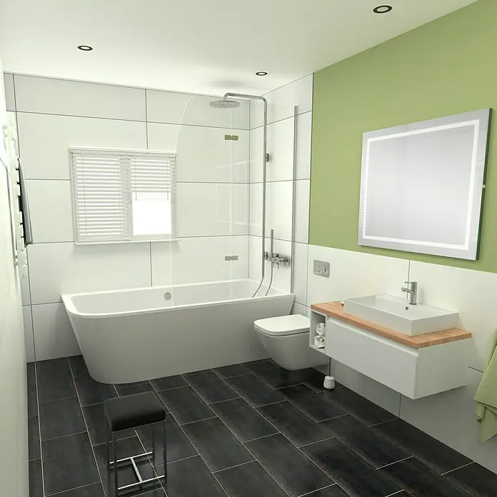 Camargue Espacio Badmöbel-Set i112 - 100 cm, Gama weiß matt - Ein Badezimmer mit einer freistehenden Badewanne, einer Toilette, einem Waschtisch und einem beleuchteten Spiegel vor einer grünen Wand.