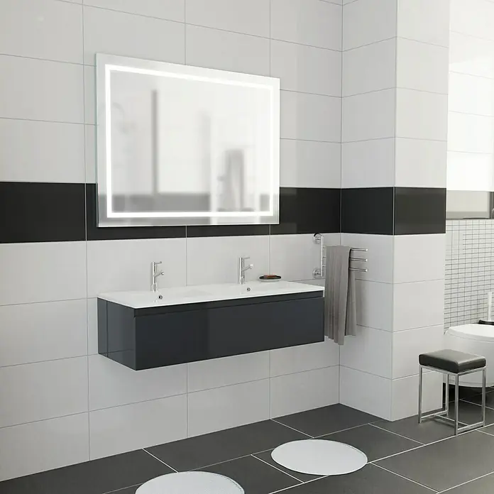 Camargue Espacio Badmöbel-Set K15 - 120 cm, Gama anthrazit glänzend - Modernes Badezimmer mit LED-beleuchtetem Spiegel über einem Doppelwaschtisch in Anthrazit. Elegantes Design mit Handtuchwärmer und Hocker.