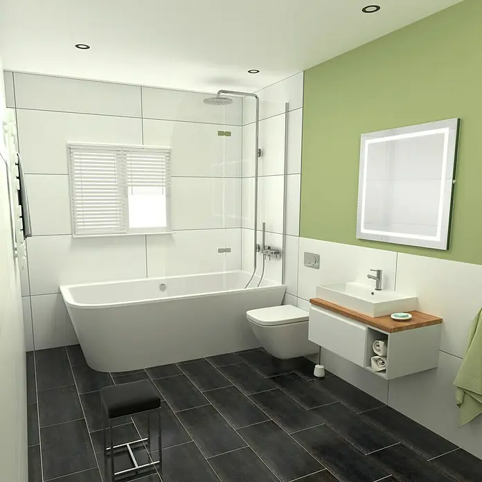 Camargue Espacio Waschtischunterschrank - 60 x 46 x 30 cm, Gama weiß matt - Ein modernes Badezimmer mit einer Badewanne, einer Toilette, einem Waschbecken und einem beleuchteten Spiegel, alles in stilvollem Design.