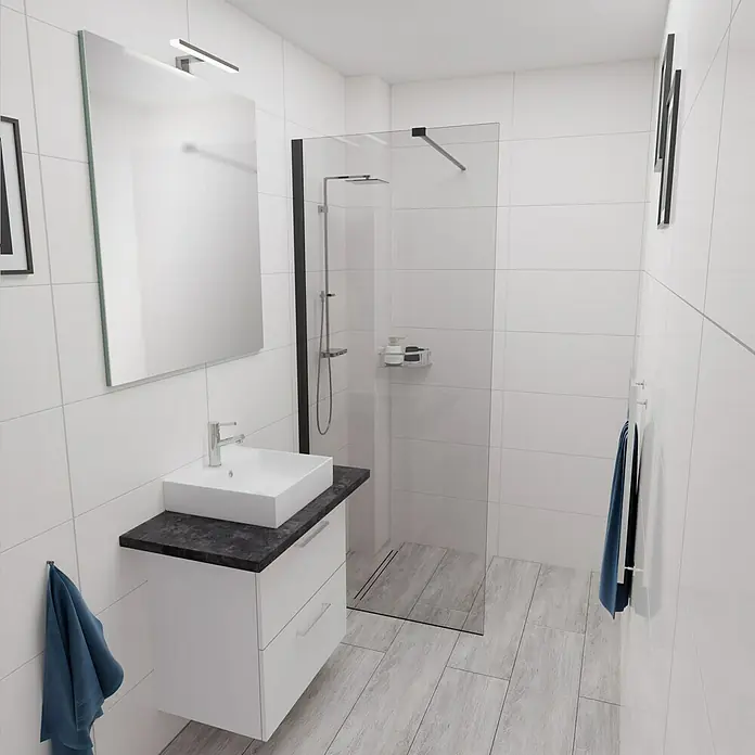 Camargue Espacio Waschtischunterschrank - 60 x 46 x 60 cm, 2 Schubkästen, Mira - Ein modernes Badezimmer mit einem eleganten Waschtisch mit dunkler Arbeitsplatte und einer geräumigen Dusche.