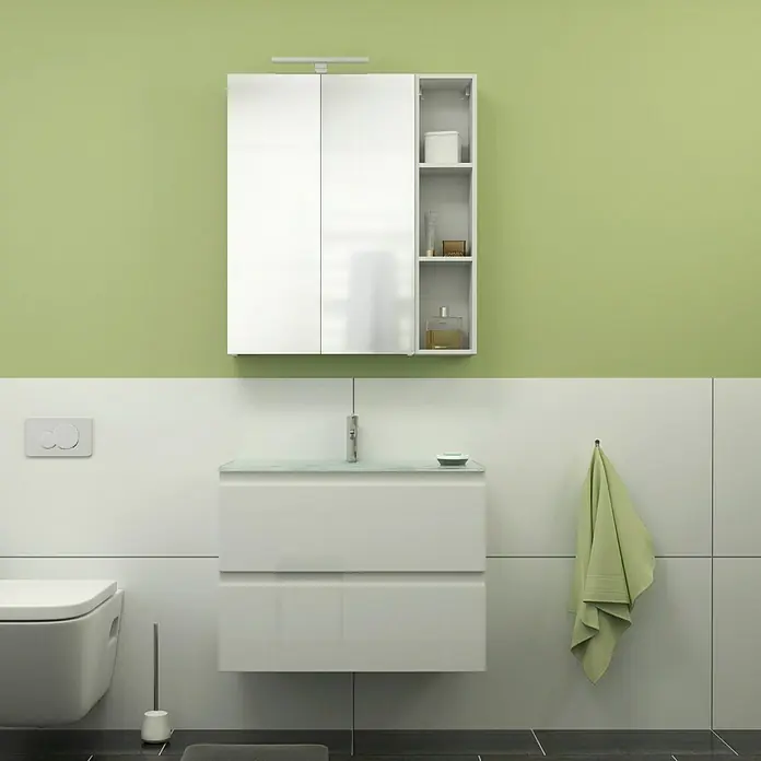 Camargue Espacio Waschtischunterschrank - 80 x 46 x 60 cm, 2 Schubkästen, Gama weiß glänzend - Badezimmer mit einem weißen Waschtisch mit Schubladen, einem Spiegelschrank und einer Toilette.