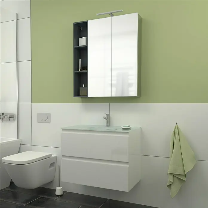 Camargue Espacio Badmöbel-Set G63 - 80 cm, Gama weiß glänzend - Das moderne Badezimmer verfügt über einen Waschbeckenunterschrank mit zwei Schubladen und einen Spiegelschrank mit Ablagefläche in Anthrazit.