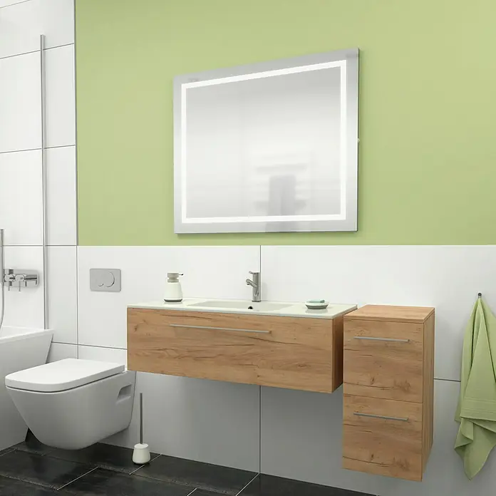 Camargue Espacio Einbauwaschbecken Plan100 x 46 cm, Weiß - Modernes Badezimmer mit hängendem Waschtischunterschrank und passendem Spiegelschrank mit LED-Beleuchtung für ein stilvolles Ambiente.
