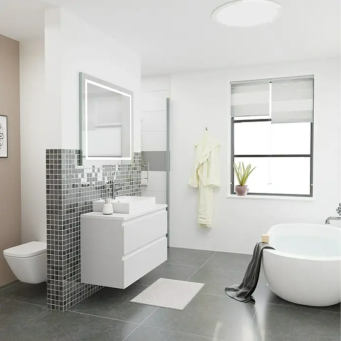 Camargue Espacio Badmöbel-Set i92 - 100 cm, Gama weiß matt - Elegantes Badezimmer mit weißem Waschtischunterschrank, LED-Spiegel und freistehender Badewanne für ein modernes Ambiente.