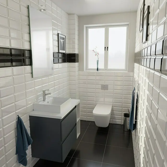 Badmöbel-Set G74 - 80 cm, Gama anthrazit matt - Badezimmer mit modernen grauen Waschtischunterschrank mit Aufsatzwaschbecken, WC und schwarzen Bodenfliesen.