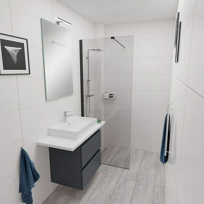 Camargue Espacio Badmöbel-Set i104 - 100 cm, Gama anthrazit matt - Helles Badezimmer mit modernen Fliesen, Waschbeckenunterschrank in Anthrazit und einer begehbaren Dusche mit Glasabtrennung.