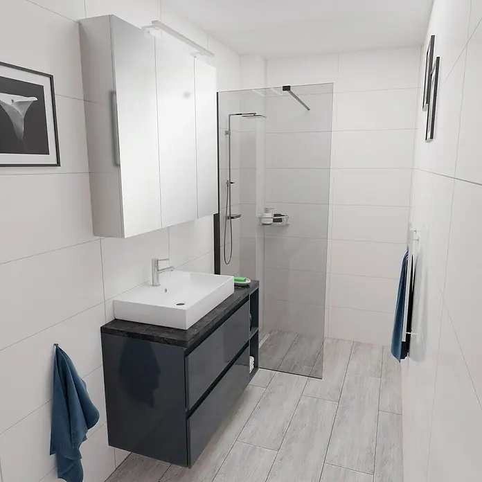 Camargue Espacio Badmöbel-Set i125 - 100 cm, Gama anthrazit glänzend - Ein modernes Badezimmer mit Waschbeckenunterschrank in Anthrazit, einem weißen Aufsatzwaschbecken und einem Spiegelschrank mit Beleuchtung.