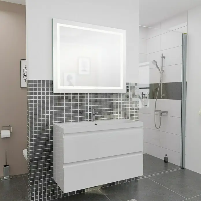 Camargue Espacio Badmöbel-Set i33 - 100 cm, Gama weiß glänzend - Modernes Badezimmer-Interieur mit einem eleganten, weißen Waschtischunterschrank und einem beleuchteten Spiegel. Graue Fliesen und eine Dusche ergänzen das Design.
