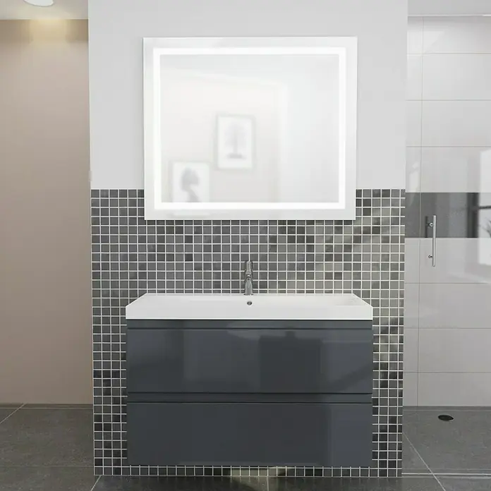 Camargue Espacio Badmöbel-Set i35 - 100 cm, Gama anthrazit glänzend - Schickes Badezimmer-Waschbecken mit zwei Schubladen in Grau und modernem LED-Spiegel, perfekt für jedes moderne Bad.