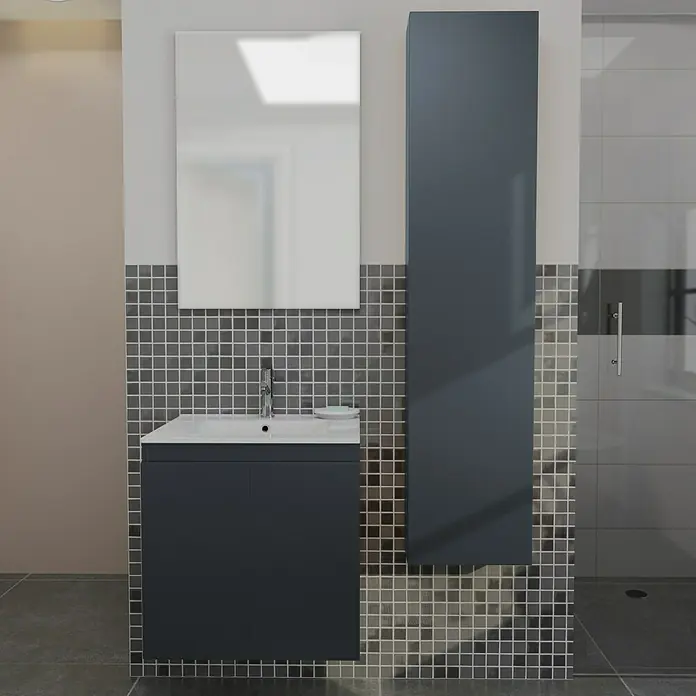 Camargue Espacio Badmöbel-Set i4 - 100 cm, Gama anthrazit matt - Badezimmer-Interieur mit Waschbeckenunterschrank, Spiegelschrank und einem hochschmalen Badschrank in dunklem Anthrazit.