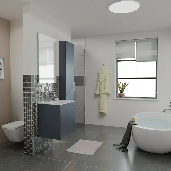 Camargue Espacio Badmöbel-Set i4 - 100 cm, Gama anthrazit matt - Ein modernes Badezimmer mit einer stilvollen Waschtischkombination in Grau und einer freistehenden Badewanne. Elegantes Design für Ihr Zuhause.