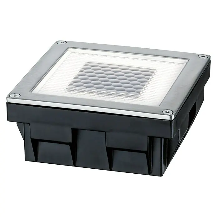 Paulmann Solarleuchte Cube0,24 W, Silber, L x B x H: 10 x 10 x 4,5 cm, IP67 - Nahaufnahme einer quadratischen Bodeneinbauleuchte mit Edelstahleinfassung und strukturierter Glasabdeckung für den Außenbereich.