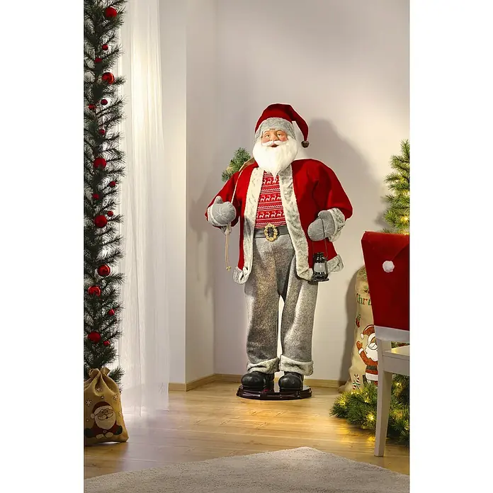 Weihnachtsmann Singend und Tanzend - Höhe: 1,5 m, Funktionen: Singen/Bewegen - Lebensechte Santa Figur mit roter Jacke, grauer Hose, Laterne und Tannenzweig für festliche Dekorationen.