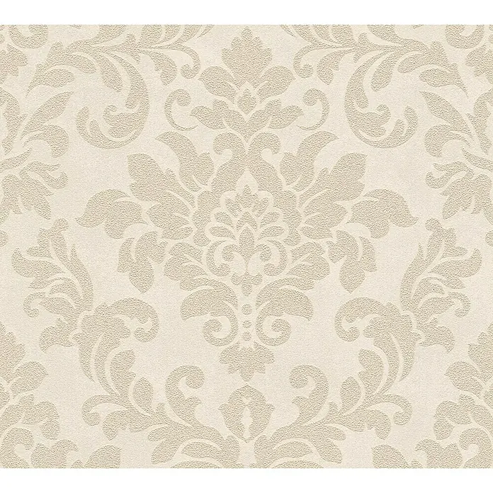 A.S. Création Trendwall Vliestapete Ornament - Beige/Creme, Ornament, 10,05 x 0,53 m - Nahaufnahme einer strukturierten Tapete mit einem eleganten, cremefarbenen Damastmuster, das einen luxuriösen und klassischen Look erzeugt.