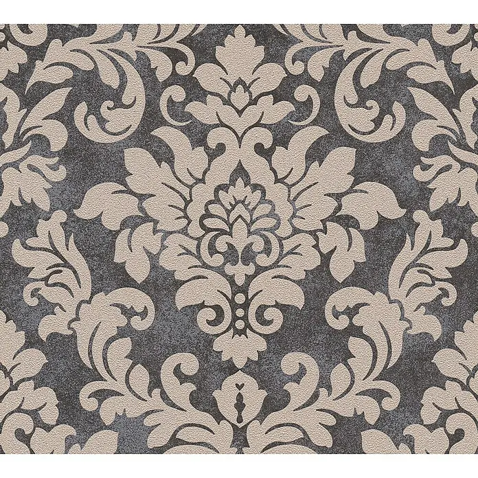 A.S. Création Trendwall Vliestapete Ornament - Schwarz/Beige, Ornament, 10,05 x 0,53 m - Detailansicht einer eleganten Damasttapete in Beige und Grau, die eine luxuriöse und stilvolle Wandgestaltung ermöglicht.