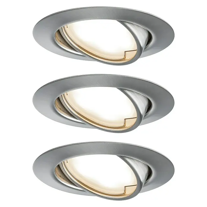 Paulmann LED-Einbauleuchten-Set Base - 5 W, Eisen gebürstet, 3 Stk., Warmweiß - Drei moderne, runde LED-Deckeneinbaustrahler aus gebürstetem Metall auf schwarzem Hintergrund. Die Leuchten spenden warmweißes Licht.
