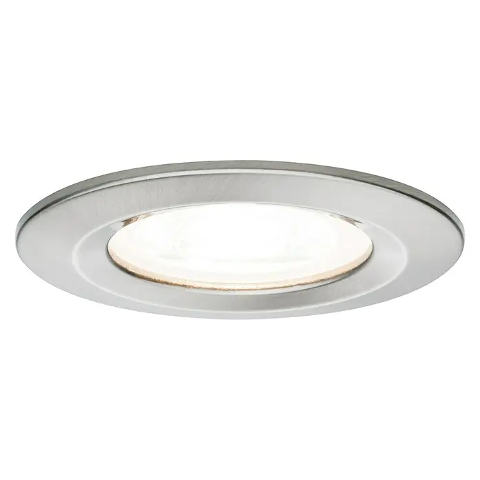 Paulmann LED-Einbauleuchte Nova - 6,5 W, Eisen gebürstet, Warmweiß, 1 Stk., IP44 - Nahaufnahme einer runden, silberfarbenen Einbauleuchte mit warmweißem Licht. Ideal für Akzentbeleuchtung und modernes Design.