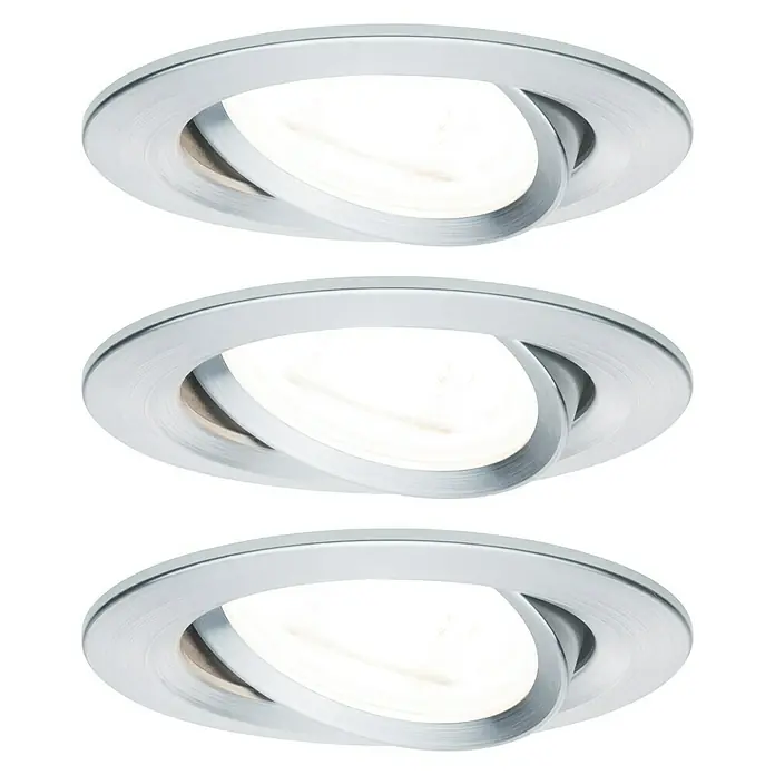 Paulmann LED-Einbauleuchten-Set Nova - 6,5 W, Aluminium, 3 Stk., Warmweiß - Nahaufnahme von drei modernen, runden, silbernen Einbaustrahlern, die ein helles, diffuses Licht ausstrahlen.