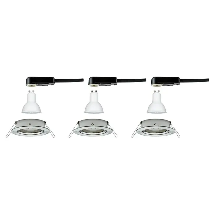 Paulmann LED-Einbauleuchten-Set Nova - 6,5 W, Eisen gebürstet, 3 Stk., Warmweiß - Dreifache Explosionsansicht von Downlights mit weißer Lampenabdeckung, schwarzem Anschlusskabel und silberner Fassung für eine einfache Installation.