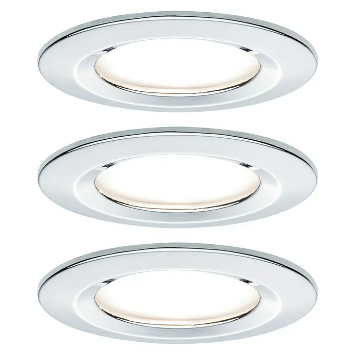 Paulmann Nova LED-Einbauleuchten-Set - 6,5 W, 3 Stk., Warmweiß, Durchmesser: 7,8 cm, Chrom - Drei Chrom-Einbaustrahler aufgereiht. Diese modernen Leuchten sind ideal für jeden Raum und bieten helles, effizientes Licht.