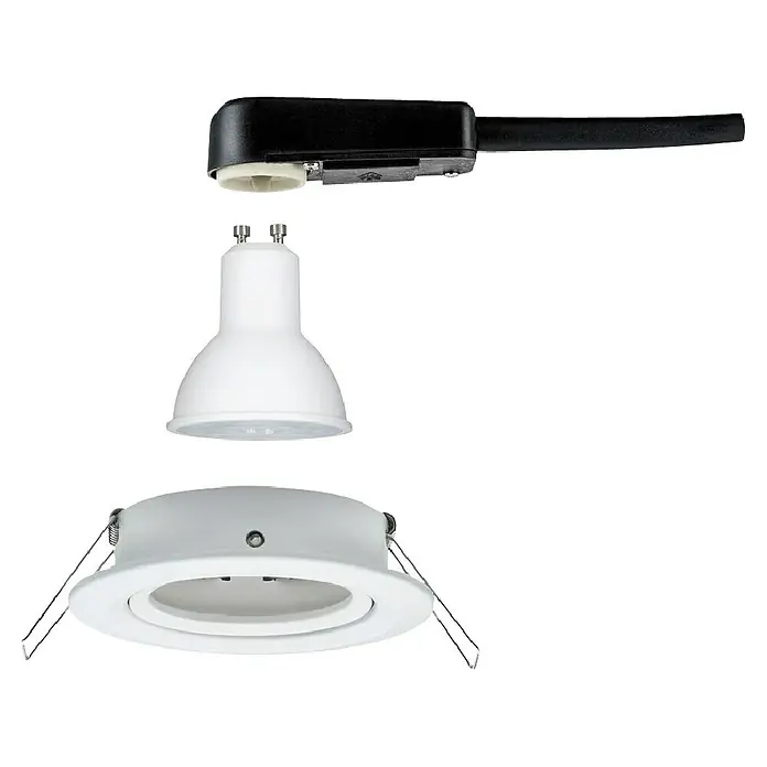 Paulmann LED-Einbauleuchte Nova - 6,5 W, Weiß, Warmweiß, 1 Stk., Einbautiefe: 90 mm - Ein zerlegter, weißer Deckeneinbaustrahler mit schwarzem Netzteil und Lampenfassung, freigestellt.