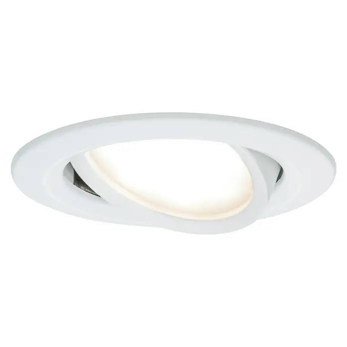 Paulmann Nova LED-Einbauleuchte - 6,5 W, Warmweiß, 1 Stk., Leuchtenkopf beweglich, Weiß - Nahaufnahme einer weißen, runden Deckeneinbauleuchte mit integriertem LED-Licht. Elegantes und modernes Design für Innenräume.