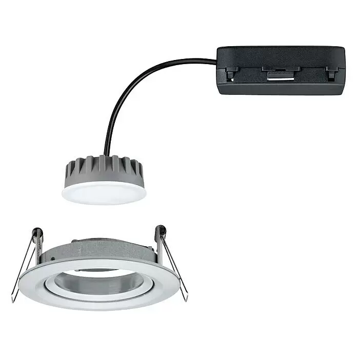 Paulmann Downlight empotrable LED redondo Nova Plus Coin - 6,8 W, Ø x Al: 8,4 x 4,5 cm, Aluminio, Blanco cálido - Downlight LED empotrable blanco y gris con módulo LED separado (disipador, difusor esmerilado) y driver externo negro conectado por cable, con clips de resorte.