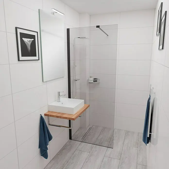 Camargue Espacio Waschtischplatte - 60 x 46 x 3,2 cm, Doce - Modernes Badezimmer mit quadratischem Waschbecken auf Holzablage, Duschkabine mit schwarzem Rahmen und weißen Fliesen.